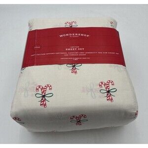 Wondershop  Holiday Cotton Sheet Set Candy Canes 200 Thread  Count  Queen Size .